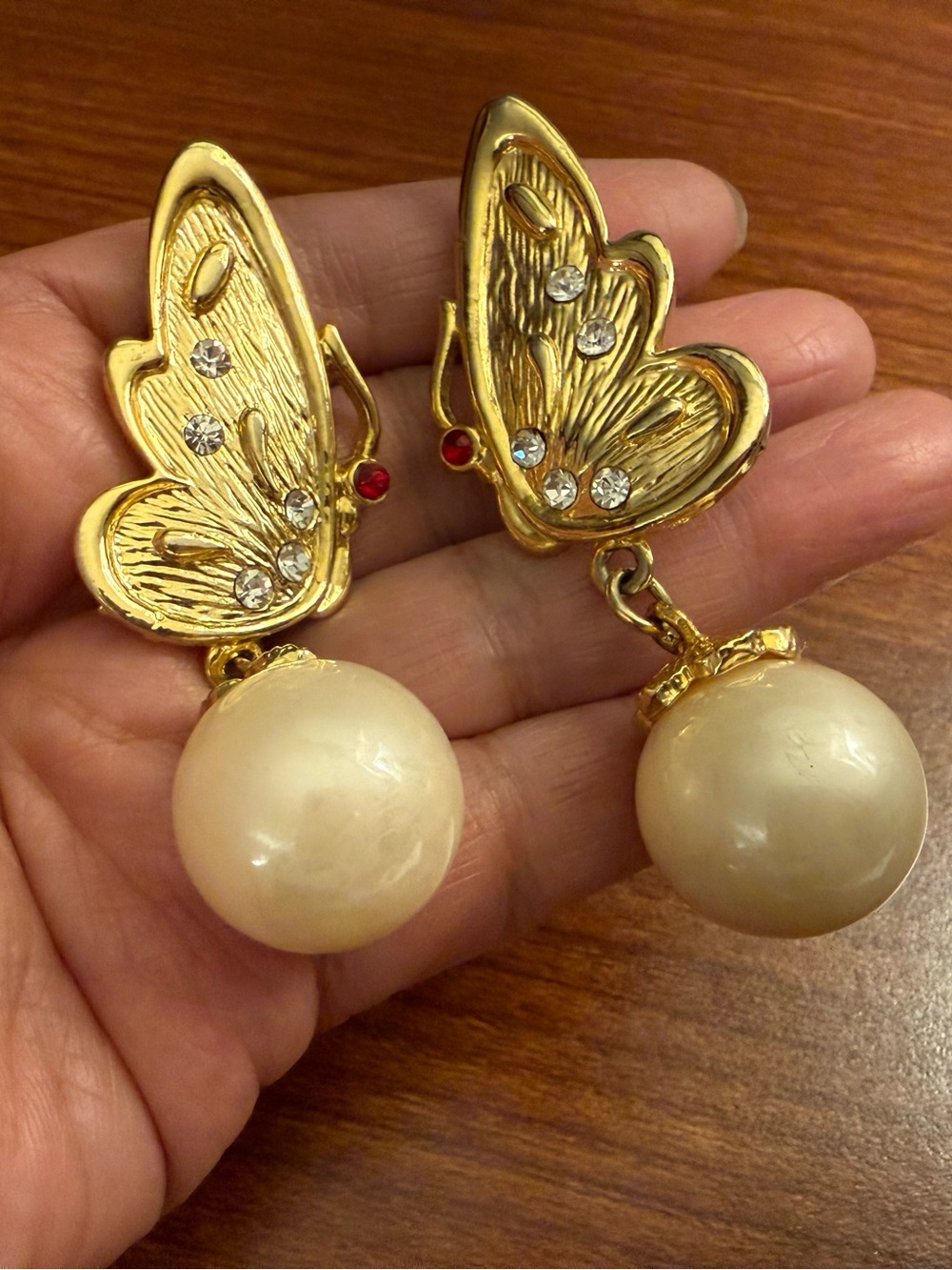 Vintage Rare Gold Butterfly Statement  Earrings with Pearl Faux Dangles Rare!!!